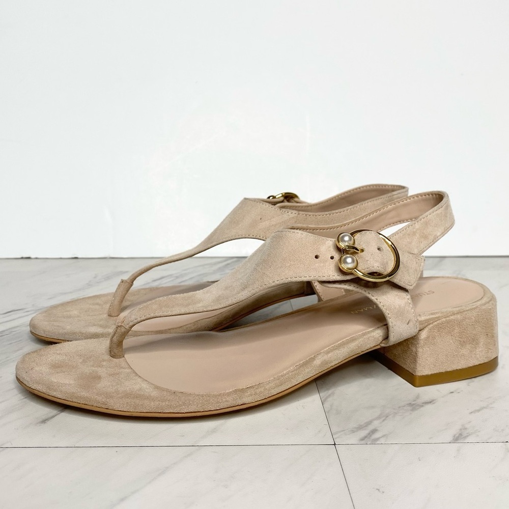 Stuart Weitzman Tan Suede T Strap Block Heel Sandal 7 1/2 B